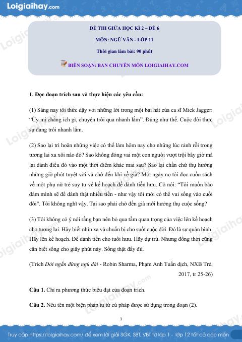 Đề kiểm tra giữa học kì II Ngữ văn 11 - Đề số 6 có lời giải chi tiết